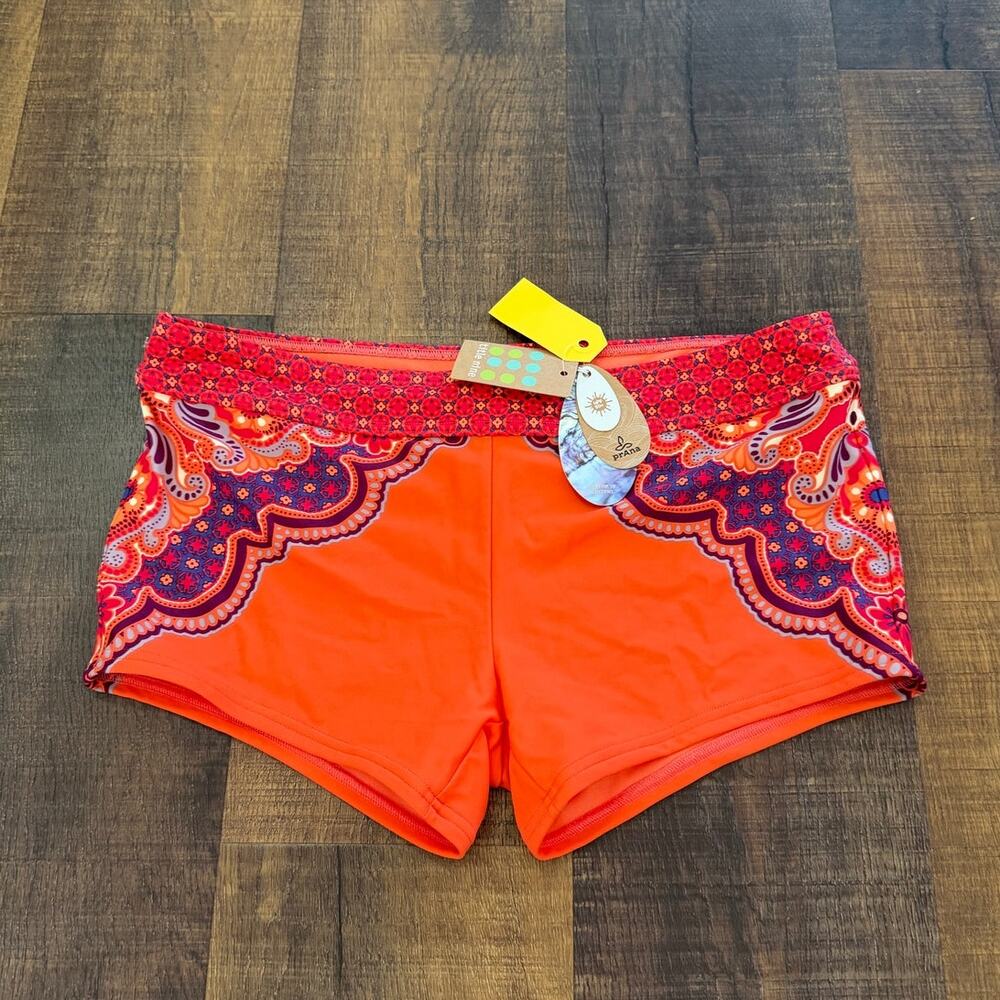 NWT prAna Raya Swim Bottoms Neon Orange Jasmine Print Size Large